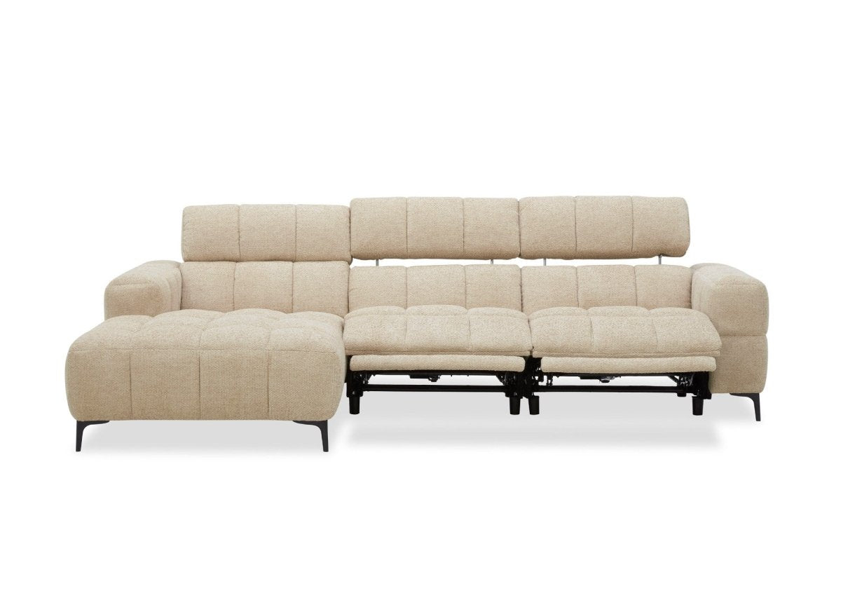 Canapé d'angle relax électrique en velours texturé taupe EDELMIRA - Angle gauche - DécoInParis