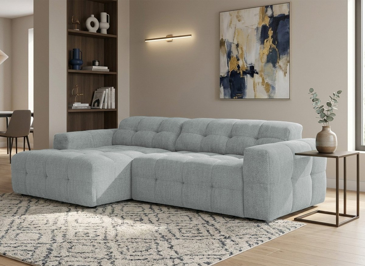 Canapé d'angle relax en velours texturé gris FEDORA - Angle gauche - DécoInParis