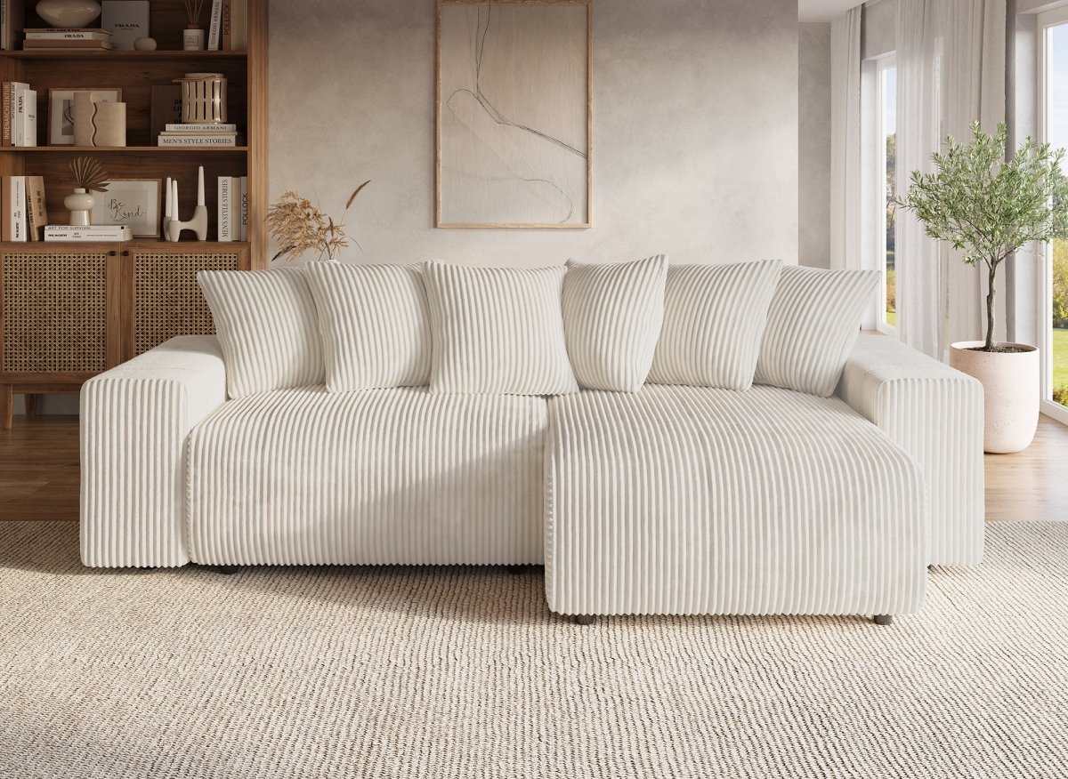 Canapé d'angle réversible convertible avec coffre en velours côtelé épais beige NOELIA - DécoInParis