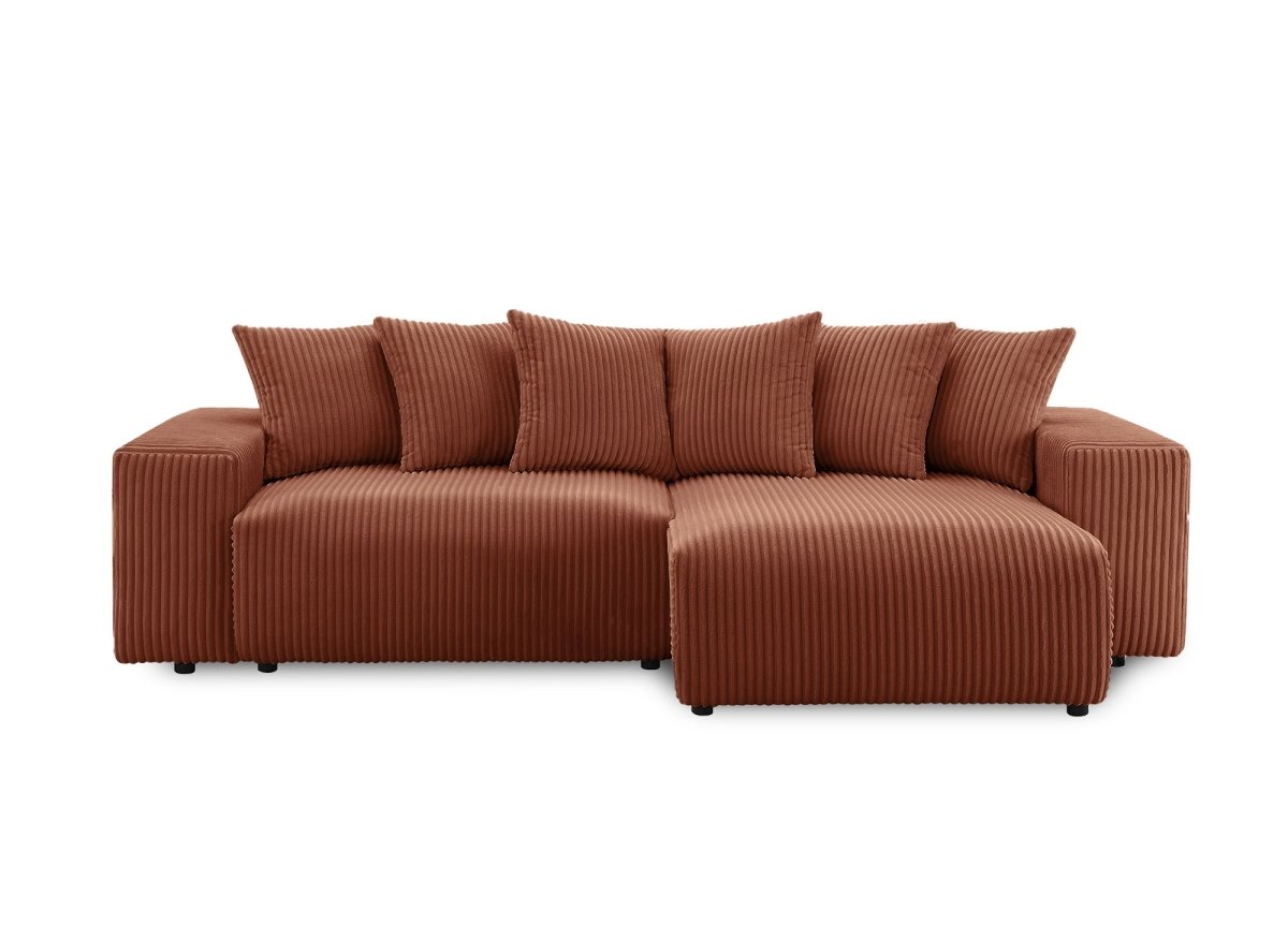 Canapé d'angle réversible convertible avec coffre en velours côtelé épais terracotta NOELIA - DécoInParis