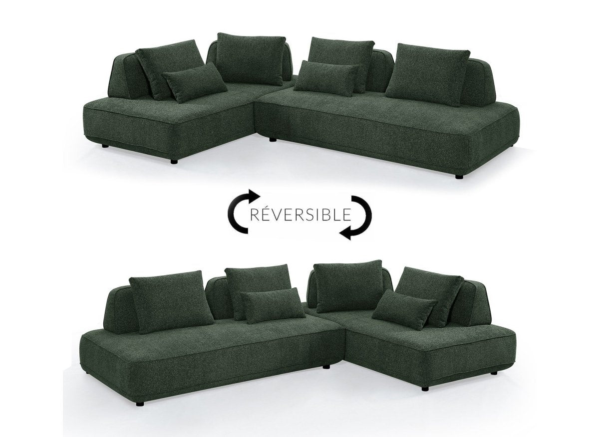 Canapé d'angle réversible en tissu bouclette vert kaki ISAORA - DécoInParis