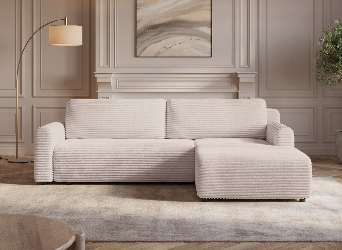 Canapé d'angle réversible et convertible avec coffre en velours côtelé épais beige KATIA - DécoInParis