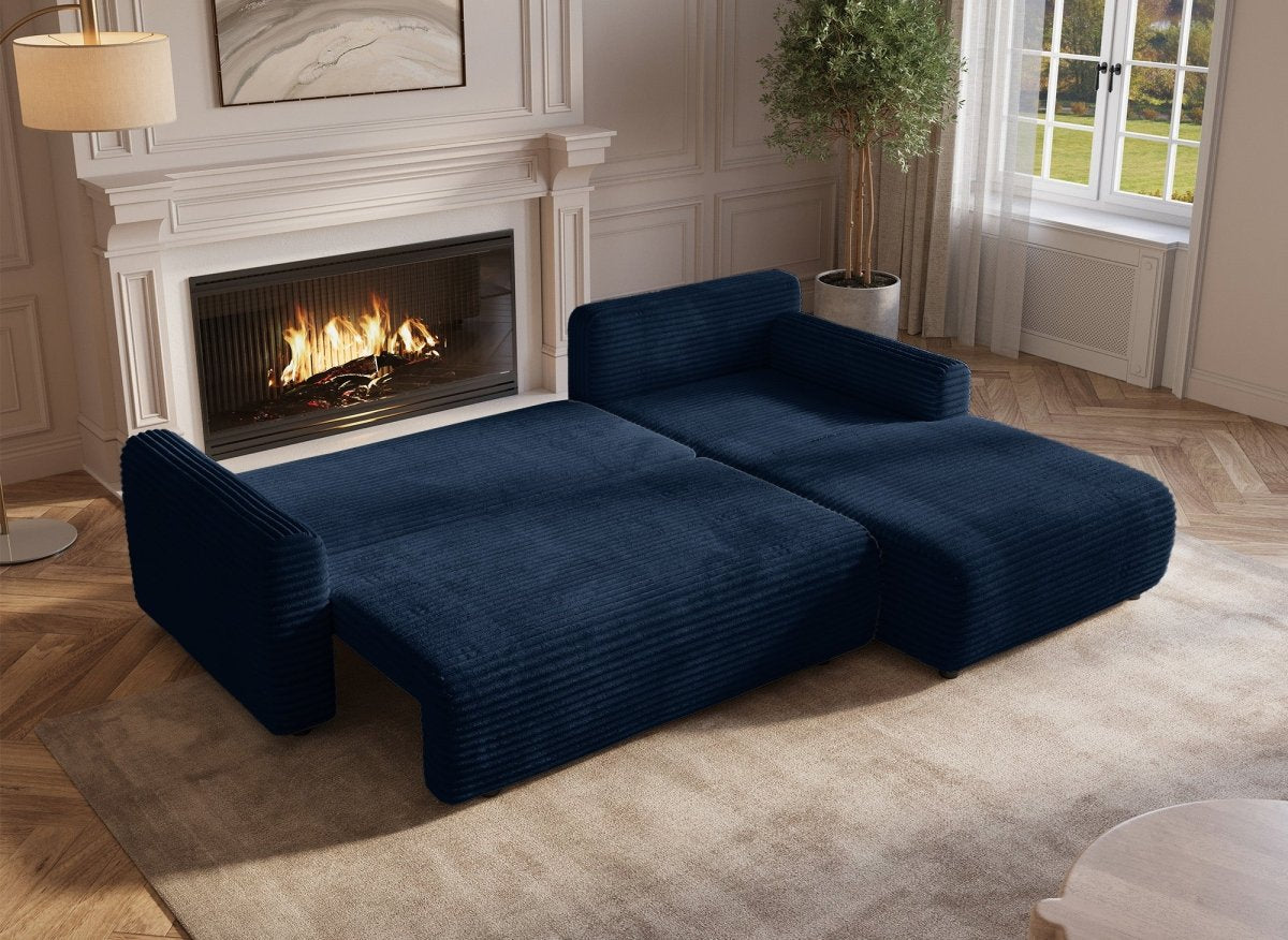Canapé d'angle réversible et convertible avec coffre en velours côtelé épais bleu foncé KATIA - DécoInParis