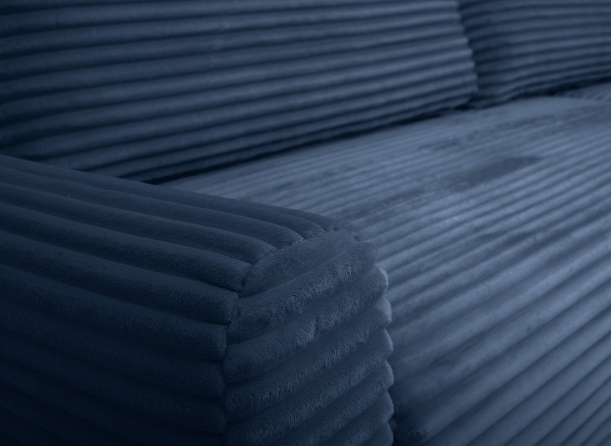 Canapé d'angle réversible et convertible avec coffre en velours côtelé épais bleu foncé KATIA - DécoInParis