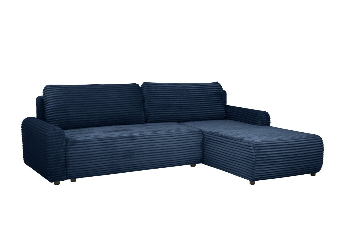 Canapé d'angle réversible et convertible avec coffre en velours côtelé épais bleu foncé KATIA - DécoInParis