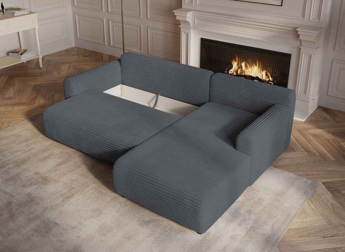 Canapé d'angle réversible et convertible avec coffre en velours côtelé épais gris foncé KATIA - DécoInParis