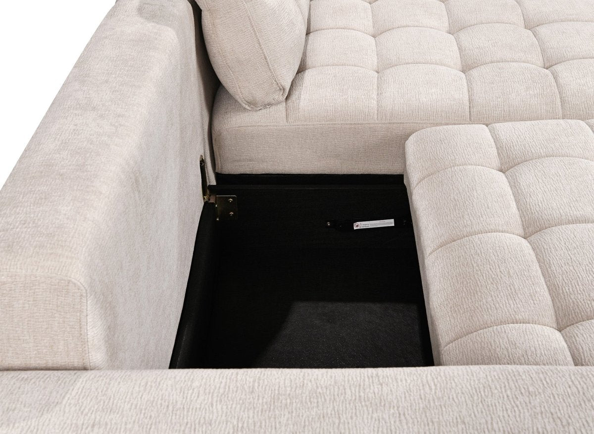 Canapé d'angle réversible et convertible avec coffres en velours tissé beige LAUREANE - DécoInParis