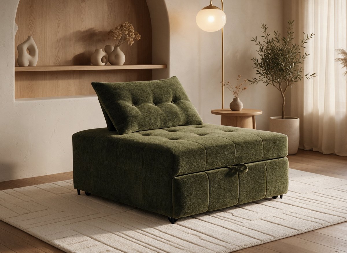 Canapé droit 1 place convertible en tissu texturé doux vert olive NATHEO - DécoInParis