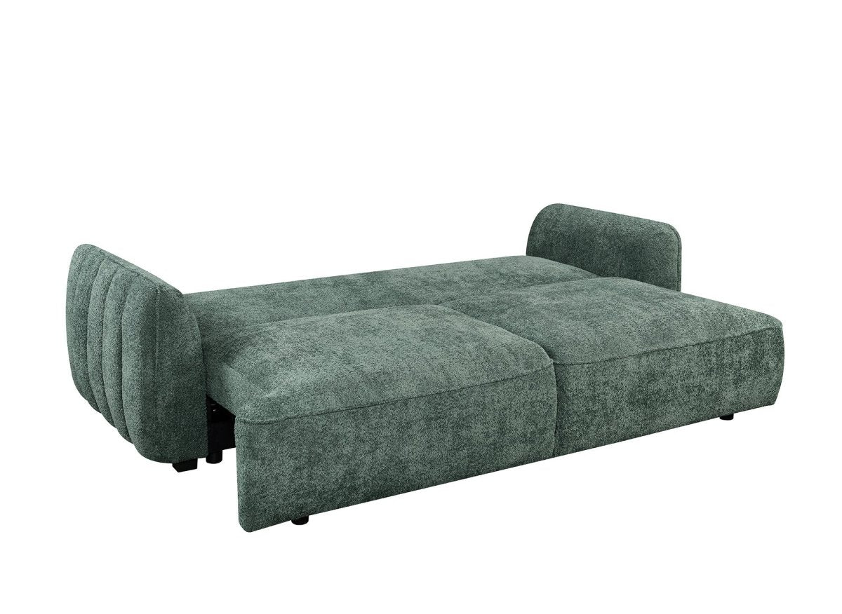 Canapé droit 3 places convertible avec coffre en tissu bouclette vert LAUDINE - DécoInParis