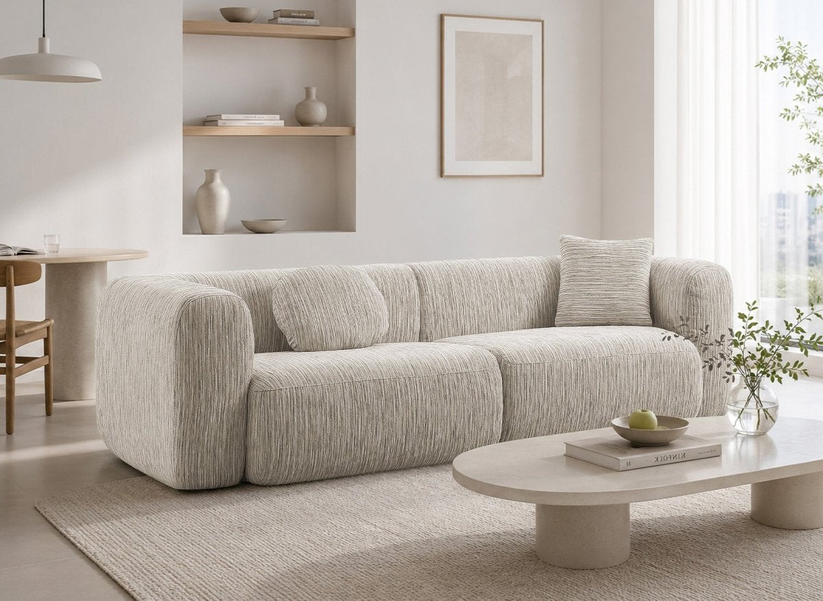 Canapé droit 3 places en velours texturé beige SAMANTHA - DécoInParis