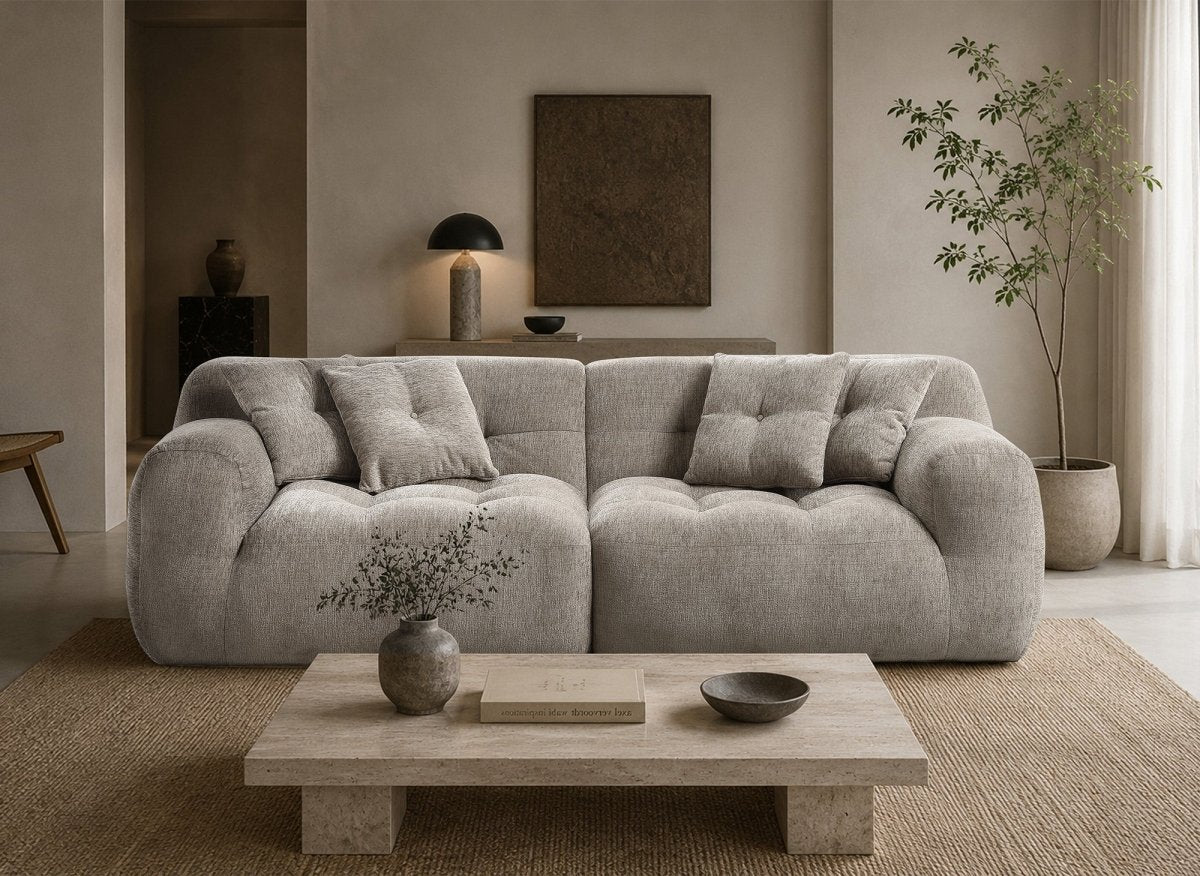 Canapé droit 3 places en velours texturé taupe TANINA - DécoInParis