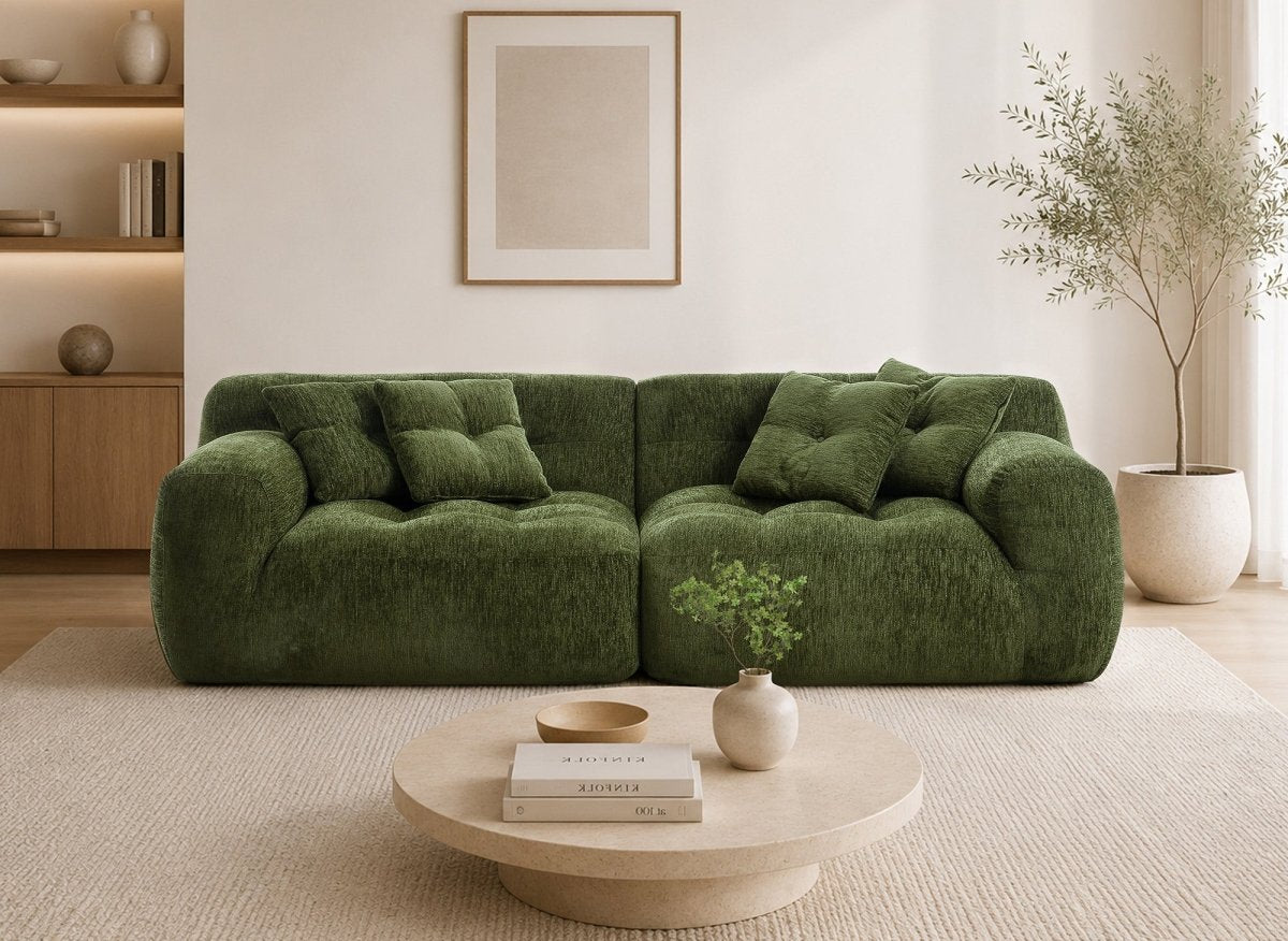 Canapé droit 3 places en velours texturé vert olive TANINA - DécoInParis