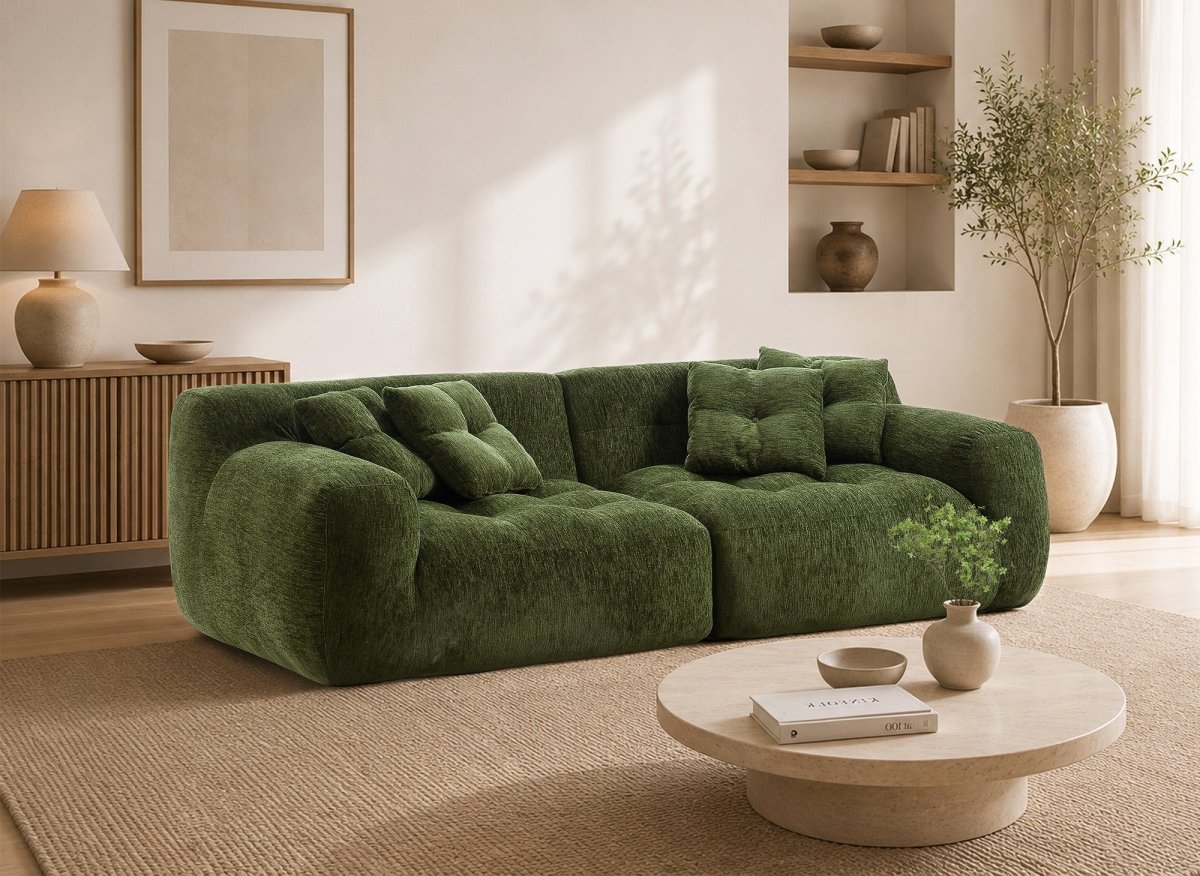 Canapé droit 3 places en velours texturé vert olive TANINA - DécoInParis
