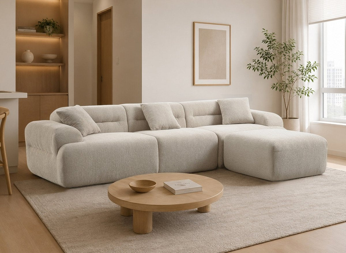 Canapé droit 3 places + pouf en tissu texturé beige SAKURA - DécoInParis