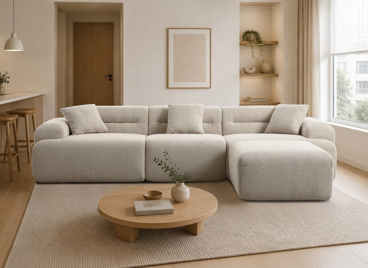 Canapé droit 3 places + pouf en tissu texturé beige SAKURA - DécoInParis
