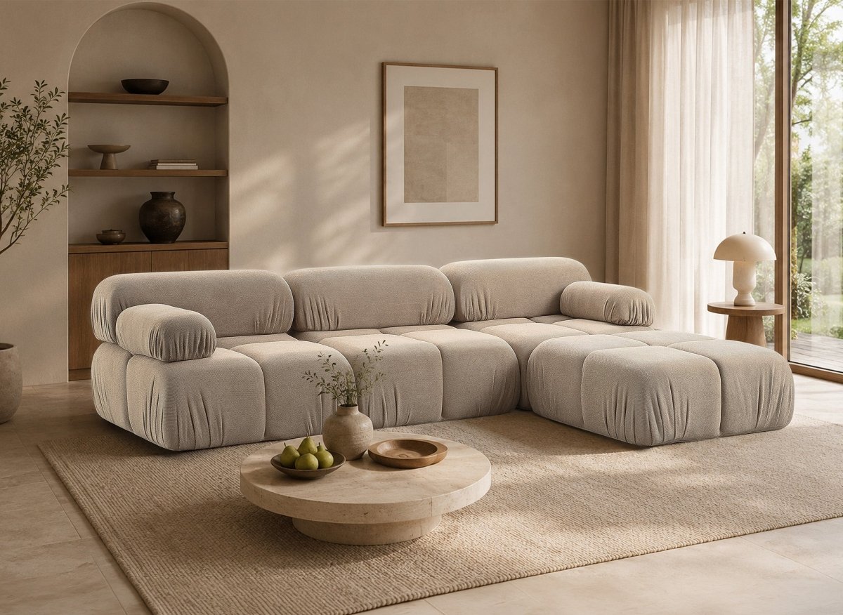 Canapé droit 3 places + pouf en velours texturé taupe SABRINA - DécoInParis