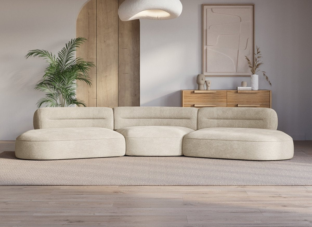 Canapé droit fixe 5 places en velours tissé beige IMENIA - DécoInParis