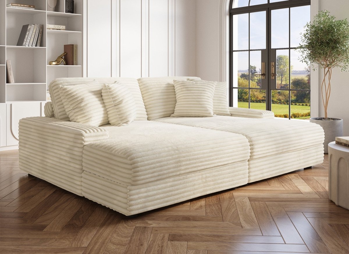 Canapé droit méridienne 2 places en gros côtelé doux beige DAHO - DécoInParis