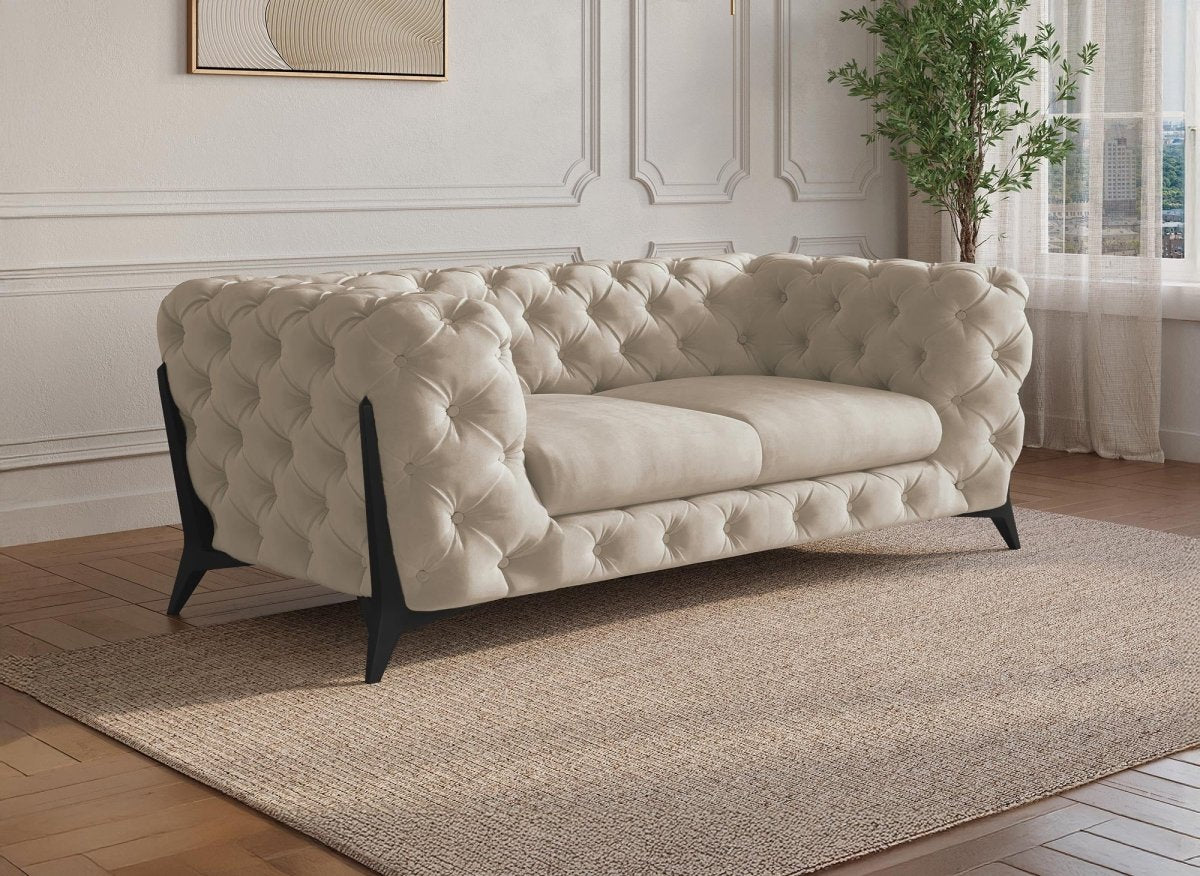 Canapé fixe 2 places capitonné chesterfield velours beige CARMEN - DécoInParis