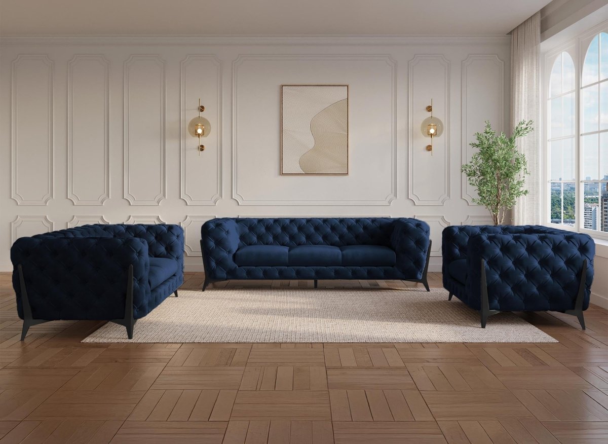 Canapé fixe 2 places capitonné chesterfield velours bleu CARMEN - DécoInParis