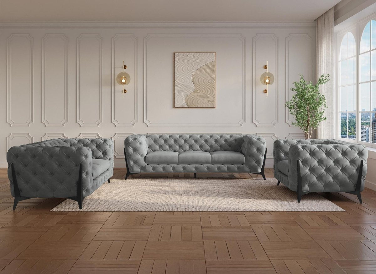 Canapé fixe 2 places capitonné chesterfield velours gris CARMEN - DécoInParis