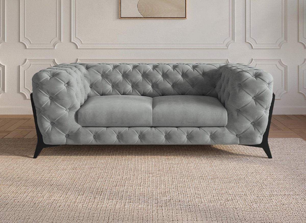 Canapé fixe 2 places capitonné chesterfield velours gris CARMEN - DécoInParis