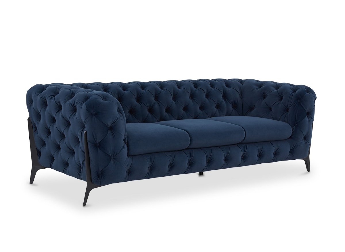 Canapé fixe 3 places capitonné chesterfield velours bleu CARMEN - DécoInParis