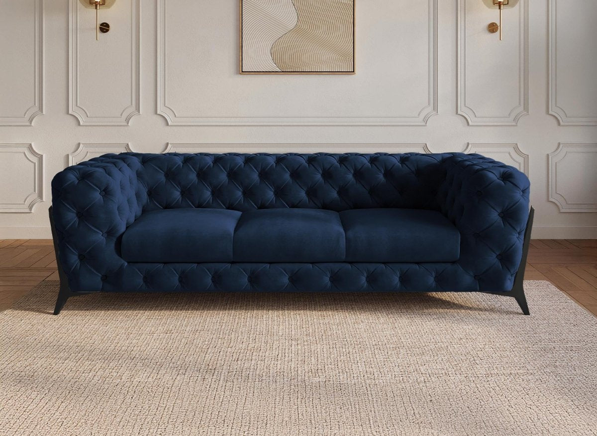 Canapé fixe 3 places capitonné chesterfield velours bleu CARMEN - DécoInParis