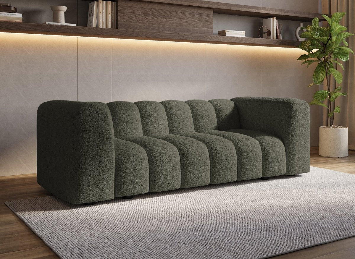 Canapé fixe 3 places en tissu bouclette vert AELIS - DécoInParis