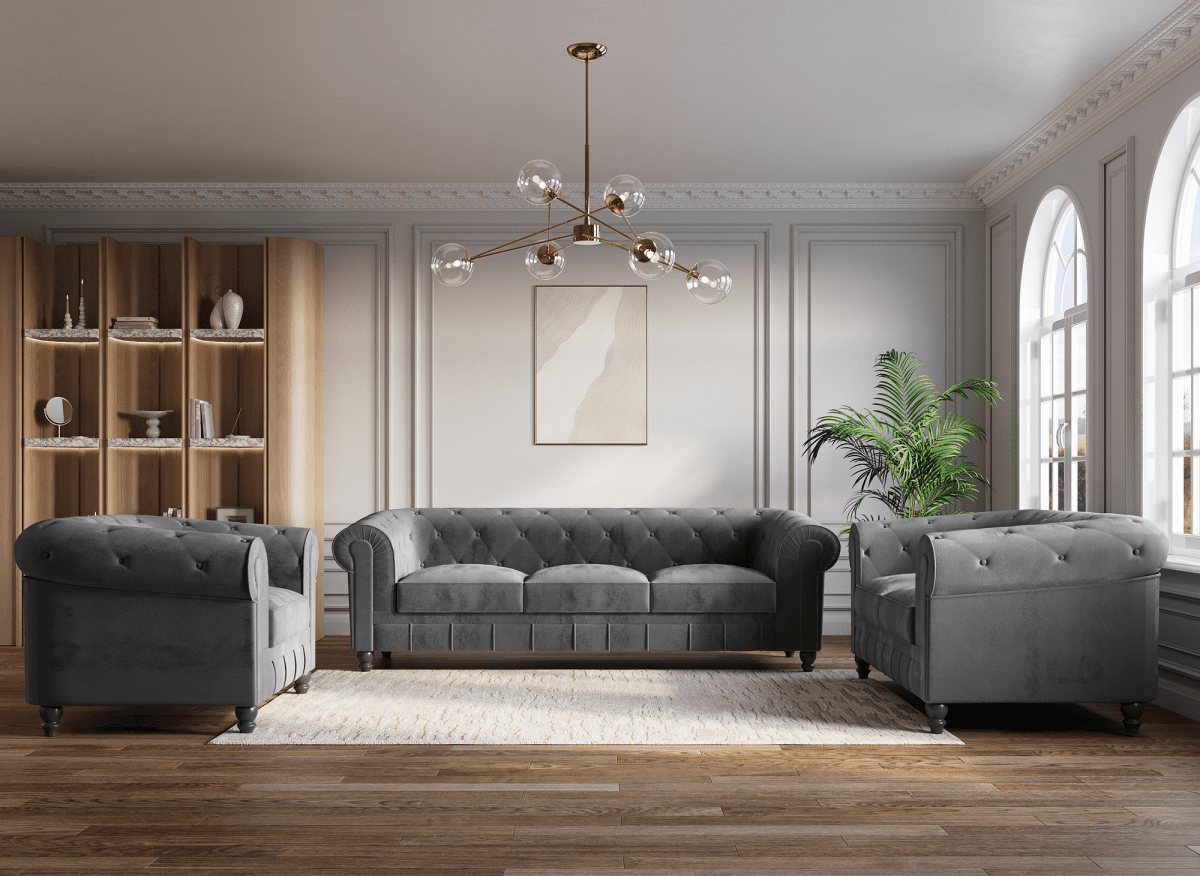 Canapé fixe 3 places velours Gris CHESTERFIELD - DécoInParis