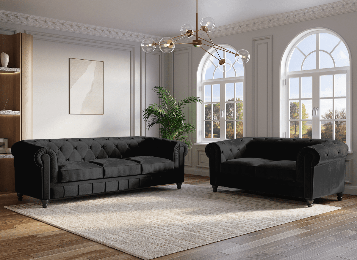 Canapé fixe 3 places velours noir CHESTERFIELD - DécoInParis