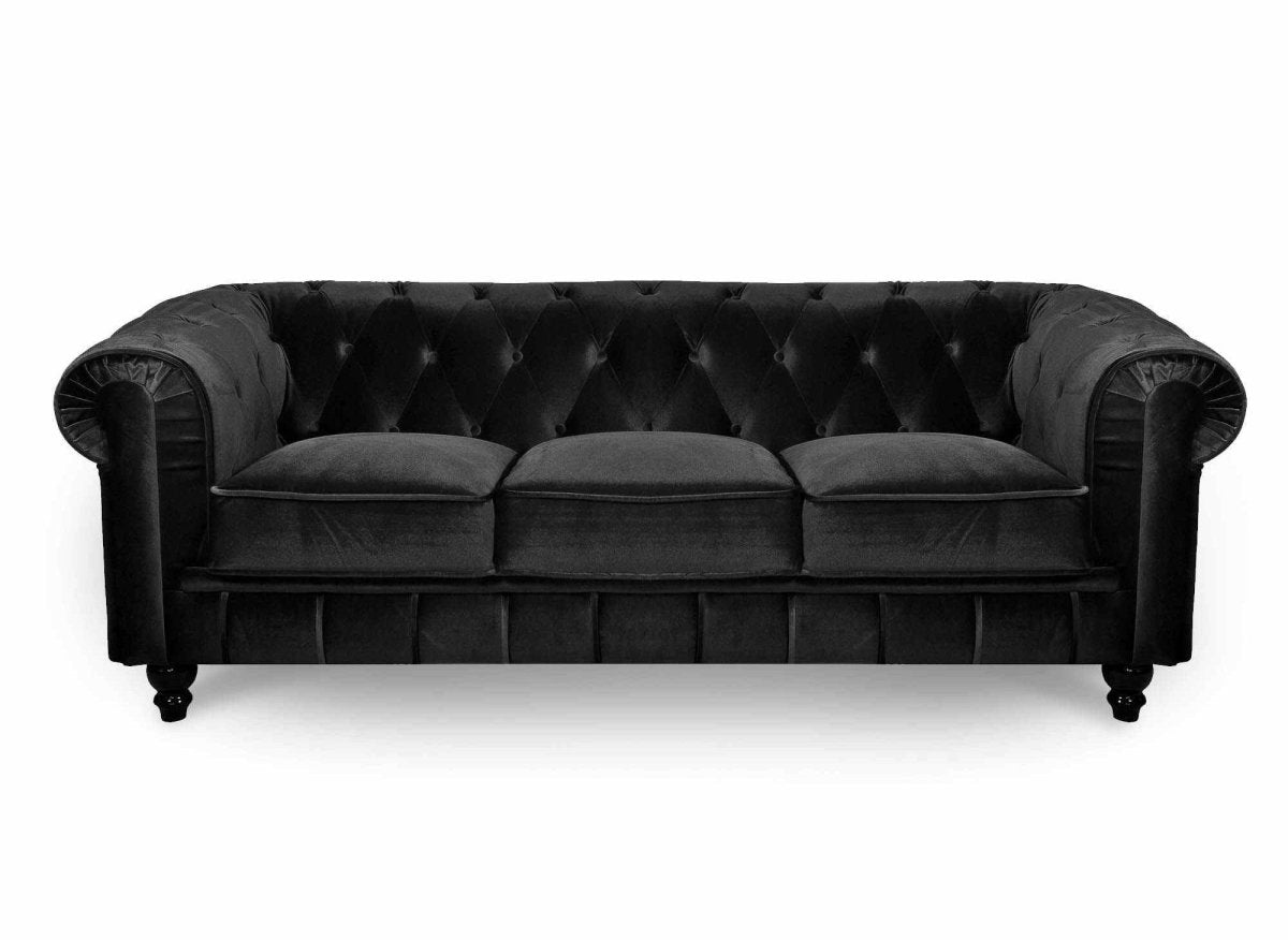 Canapé fixe 3 places velours noir CHESTERFIELD - DécoInParis