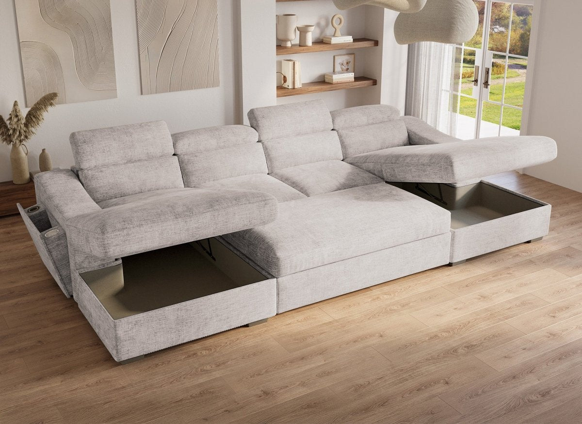Canapé panoramique convertible avec 2 coffres en velours chiné beige VELORA - DécoInParis