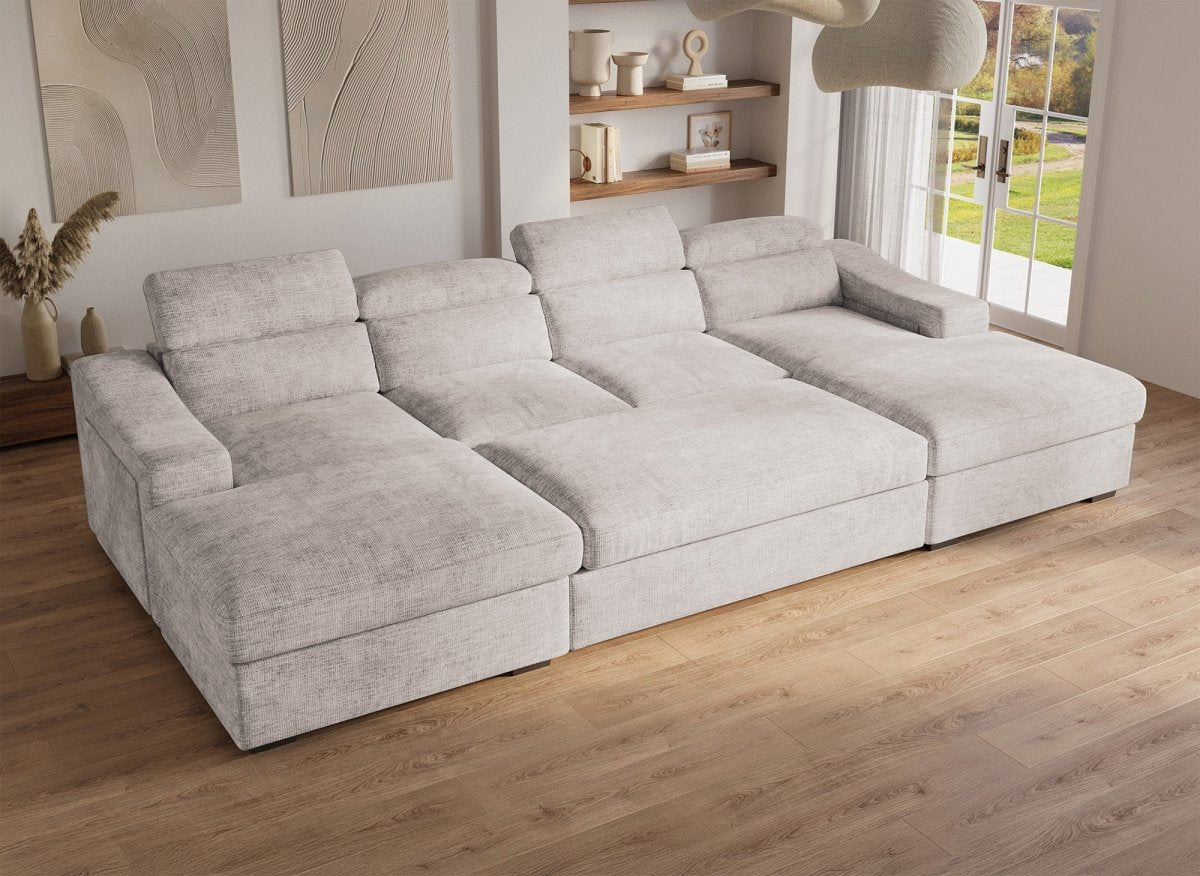 Canapé panoramique convertible avec 2 coffres en velours chiné beige VELORA - DécoInParis