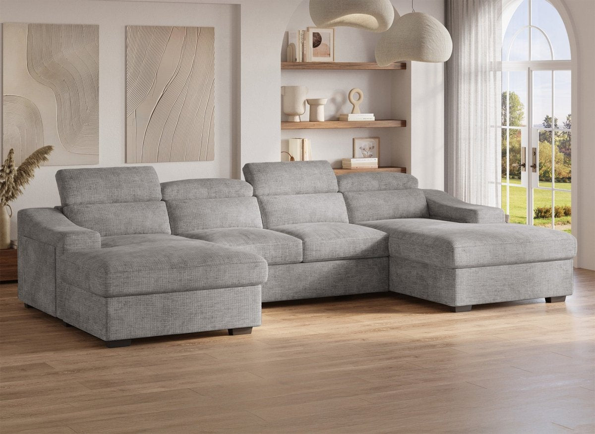 Canapé panoramique convertible avec 2 coffres en velours chiné gris VELORA - DécoInParis