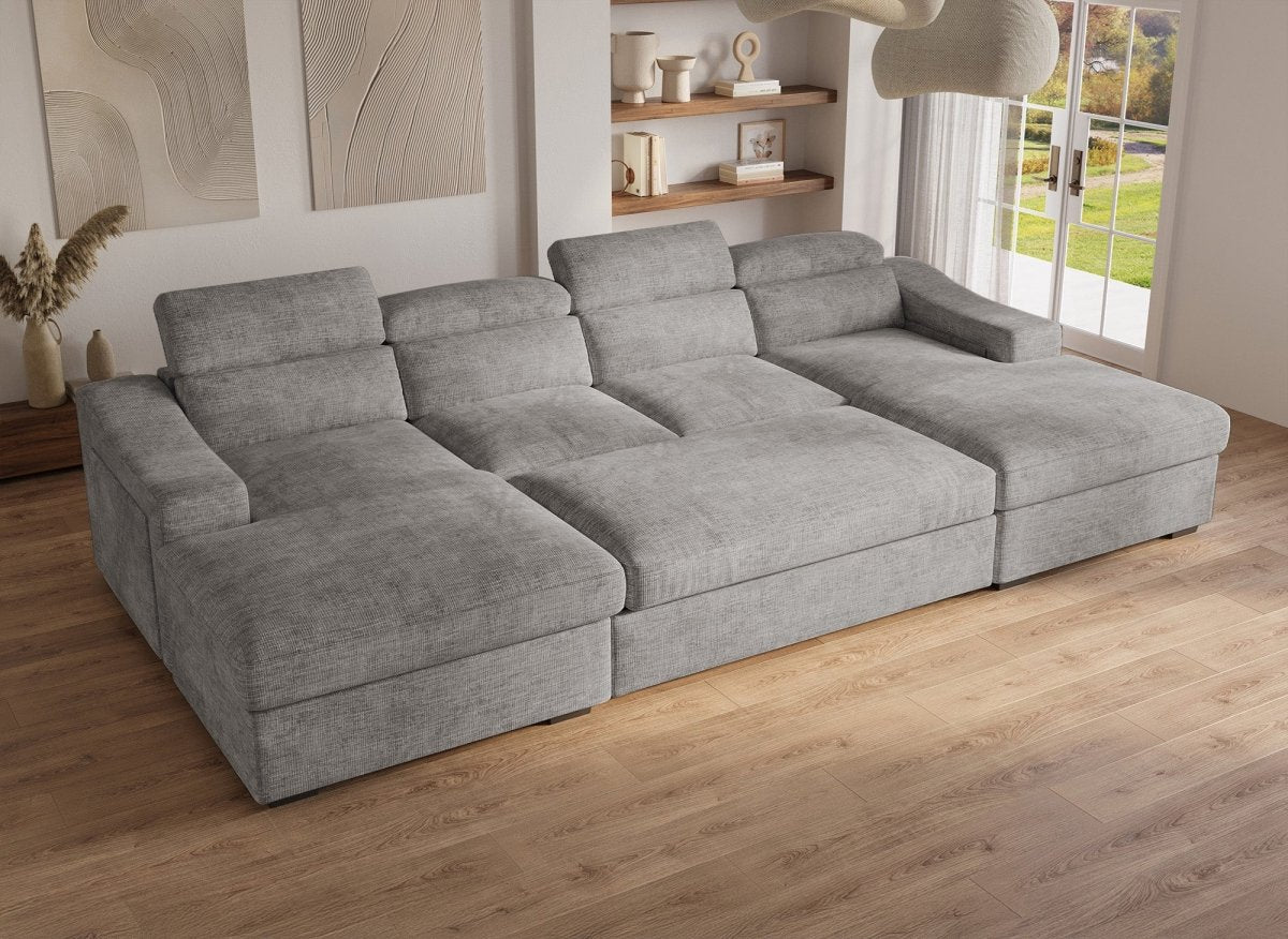 Canapé panoramique convertible avec 2 coffres en velours chiné gris VELORA - DécoInParis