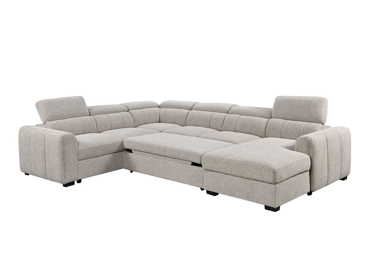 Canapé panoramique convertible avec coffre en tissu bouclette taupe NAJAH - Angle droit - DécoInParis
