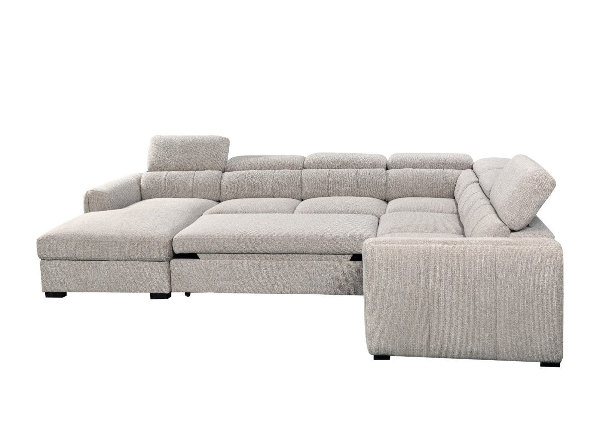 Canapé panoramique convertible avec coffre en tissu texturé taupe NAJAH - Angle gauche - DécoInParis