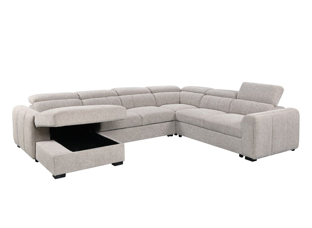 Canapé panoramique convertible avec coffre en tissu texturé taupe NAJAH - Angle gauche - DécoInParis