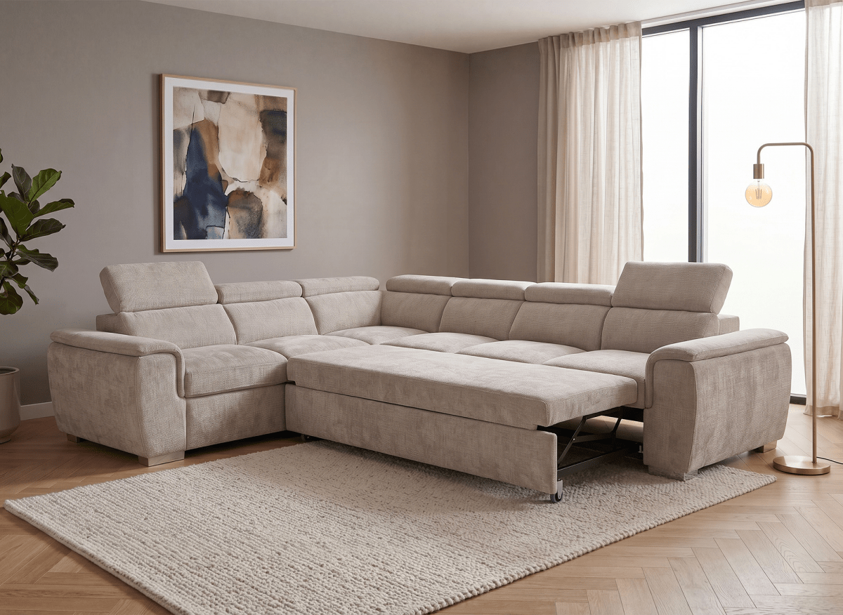 Canapé panoramique convertible avec coffre en velours chiné beige GAELLE - Angle droit - DécoInParis