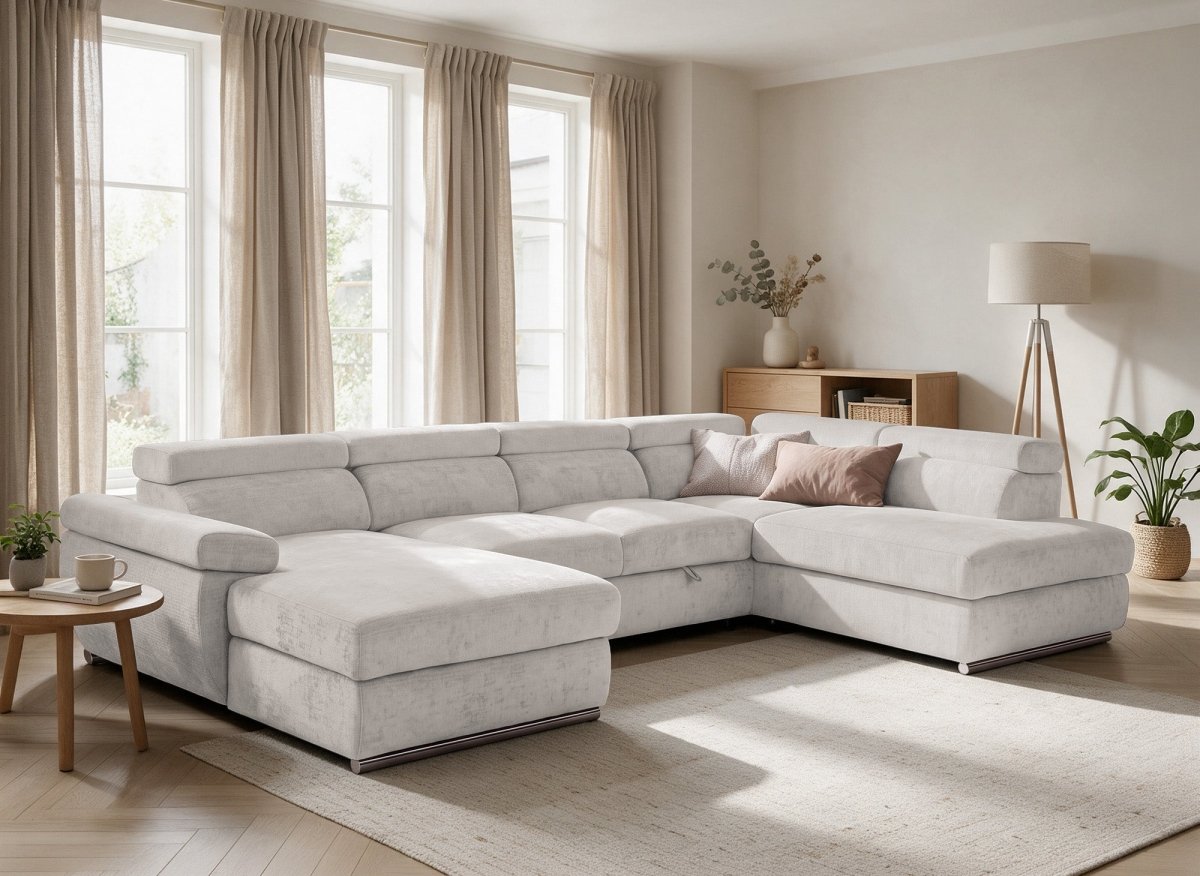 Canapé panoramique convertible avec coffre en velours chiné beige MARIANO- Angle gauche - DécoInParis