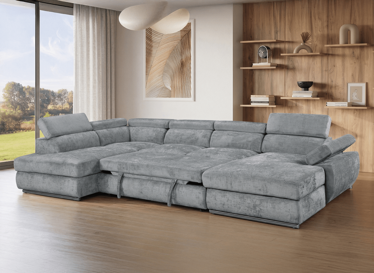Canapé panoramique convertible avec coffre en velours chiné gris MARIANO - Angle droit - DécoInParis