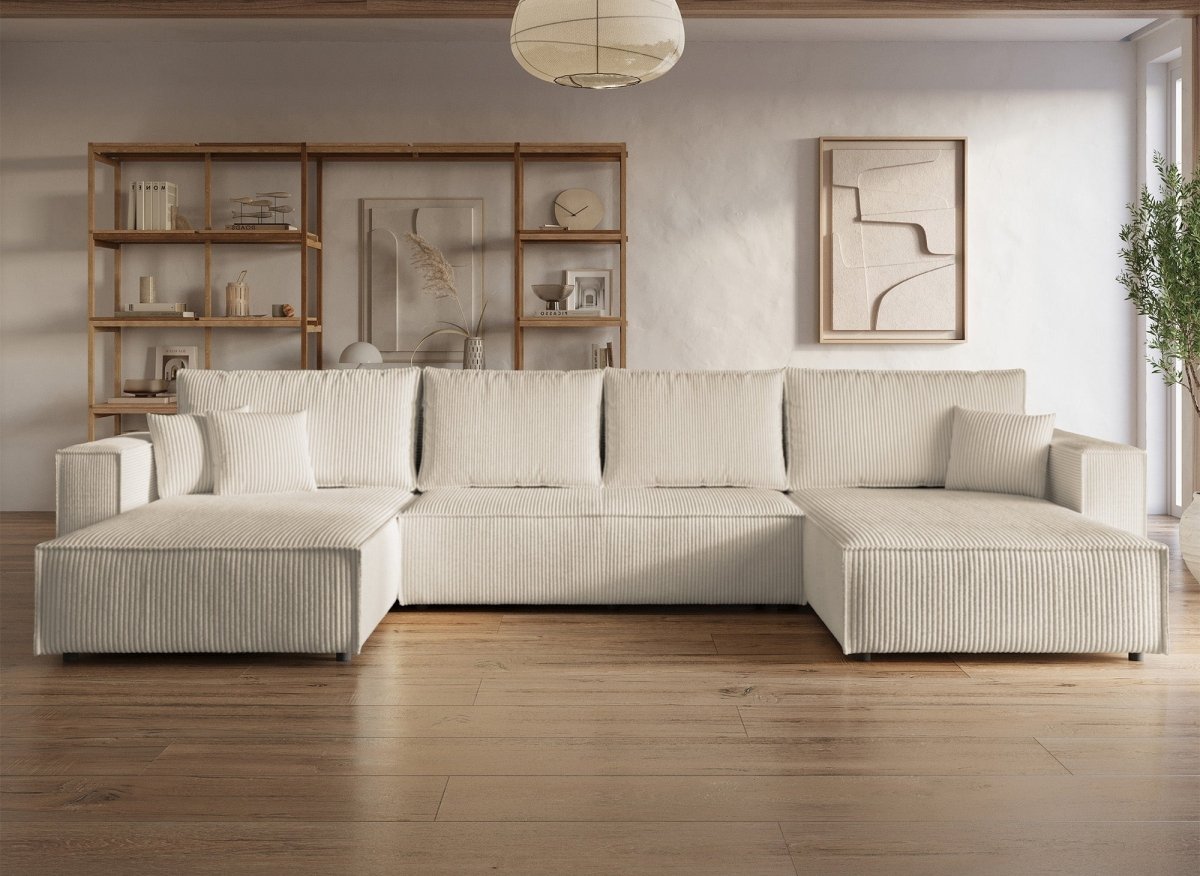 Canapé panoramique convertible avec coffre en velours côtelé beige - JADE - DécoInParis