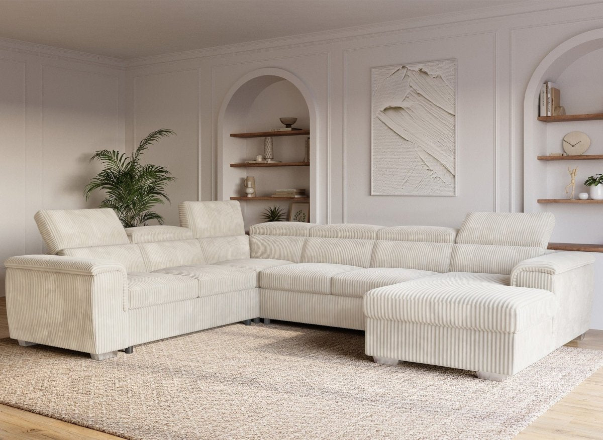 Canapé panoramique convertible avec coffre en velours côtelé épais beige GAELLE - Angle Droit - DécoInParis