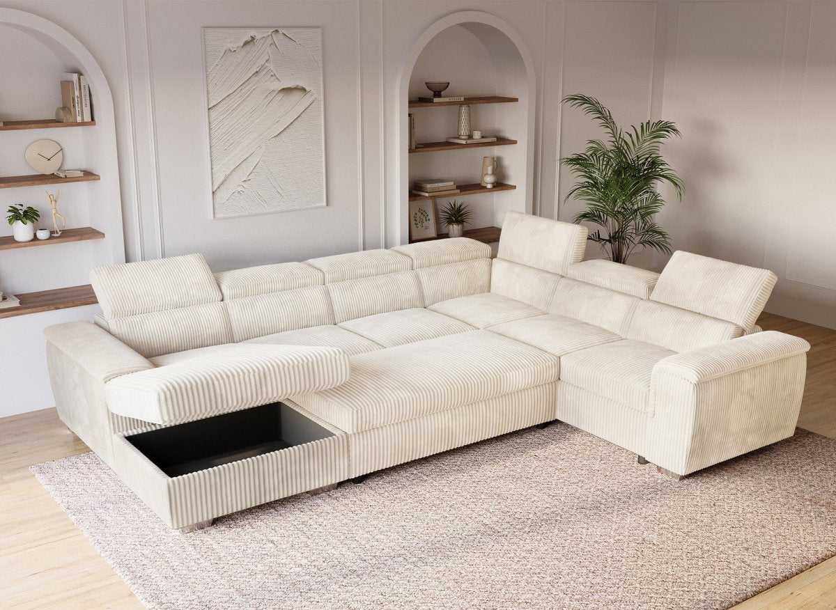Canapé panoramique convertible avec coffre en velours côtelé épais beige GAELLE - Angle gauche - DécoInParis