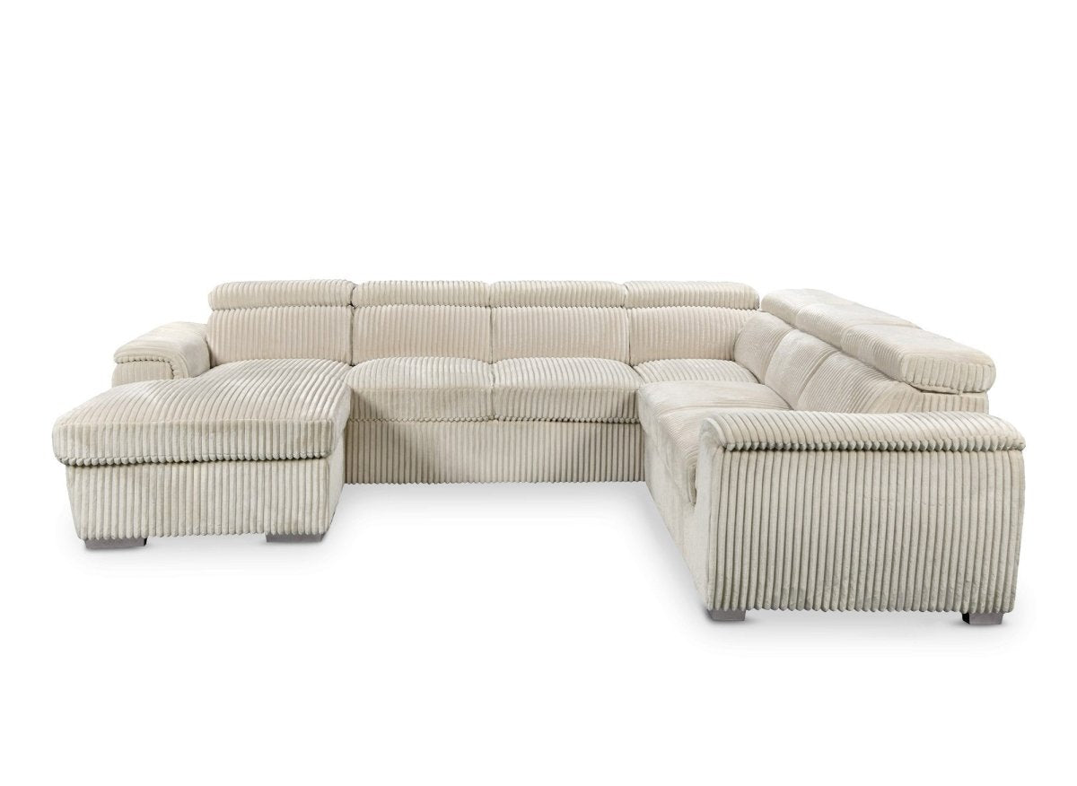 Canapé panoramique convertible avec coffre en velours côtelé épais beige GAELLE - Angle gauche - DécoInParis