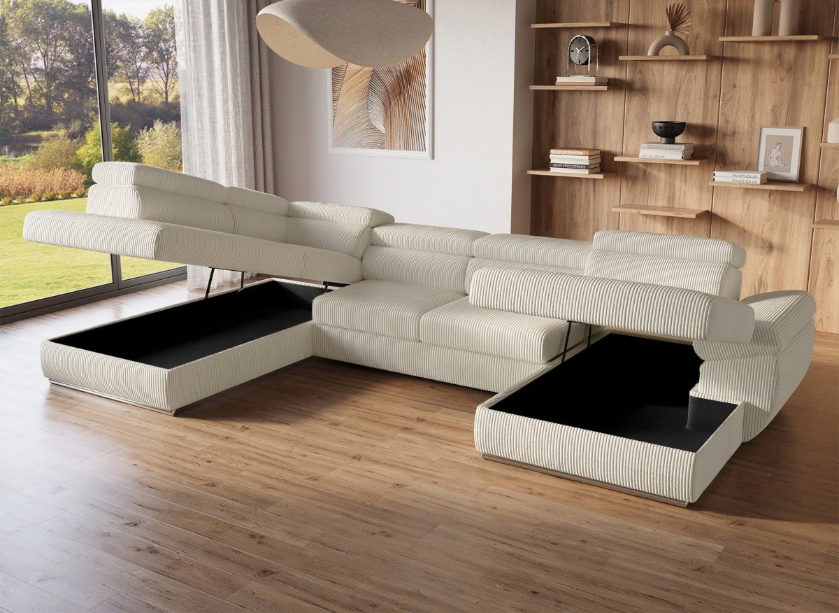 Canapé panoramique convertible avec coffre en velours côtelé épais beige MARIANO - Angle droit - DécoInParis