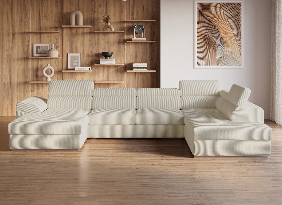 Canapé panoramique convertible avec coffre en velours côtelé épais beige MARIANO - Angle gauche - DécoInParis