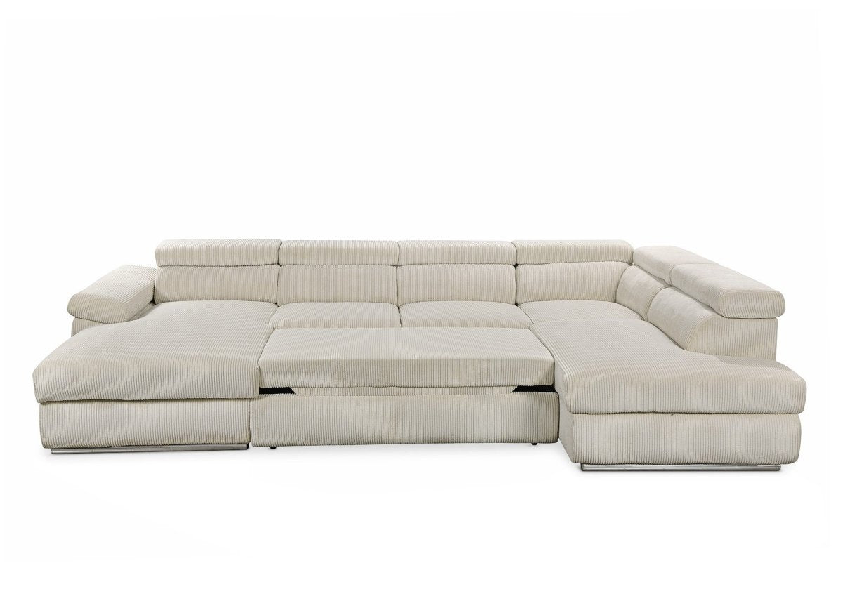 Canapé panoramique convertible avec coffre en velours côtelé épais beige MARIANO - Angle gauche - DécoInParis