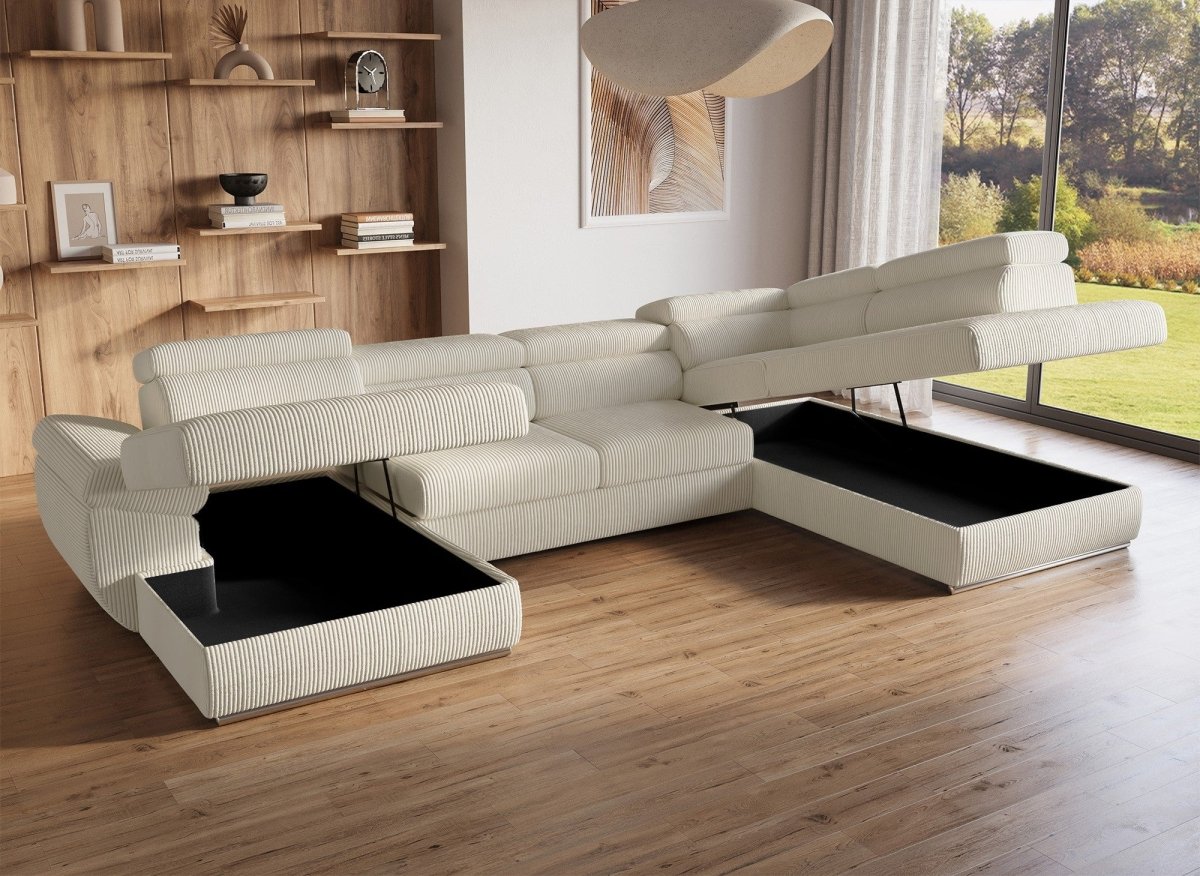 Canapé panoramique convertible avec coffre en velours côtelé épais beige MARIANO - Angle gauche - DécoInParis